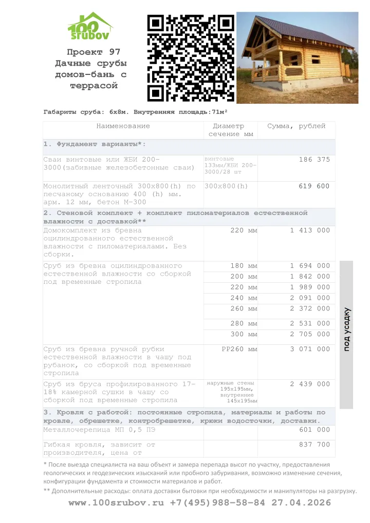 Смета строительства под усадку проекта #97 Смета строительства под усадку проекта #97