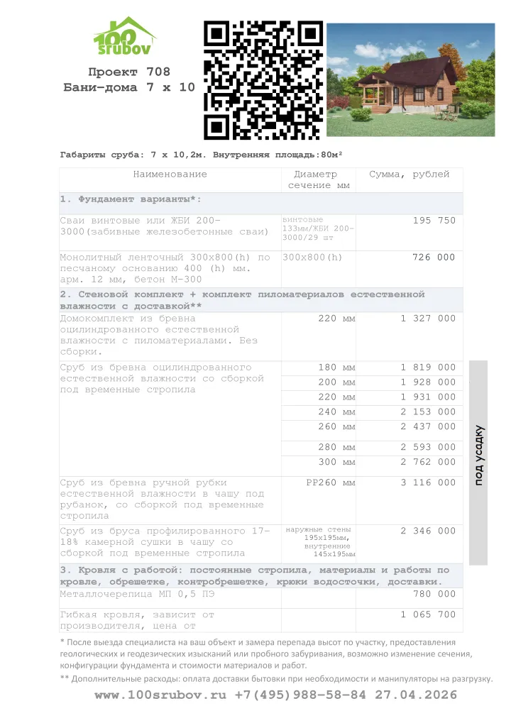 Смета строительства под усадку проекта #708 Смета строительства под усадку проекта #708