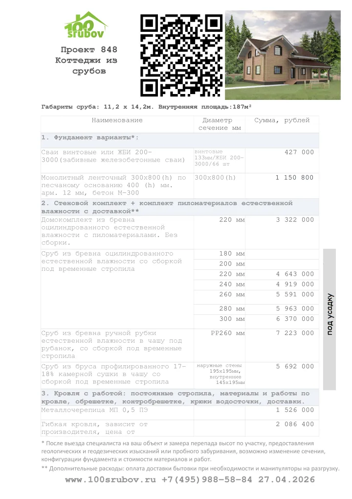 Смета строительства под усадку проекта #848 Смета строительства под усадку проекта #848