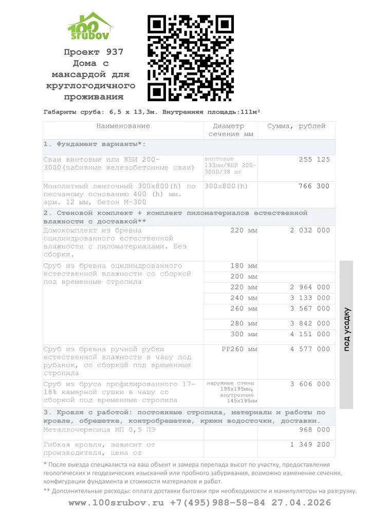 Смета строительства под усадку проекта #937 Смета строительства под усадку проекта #937