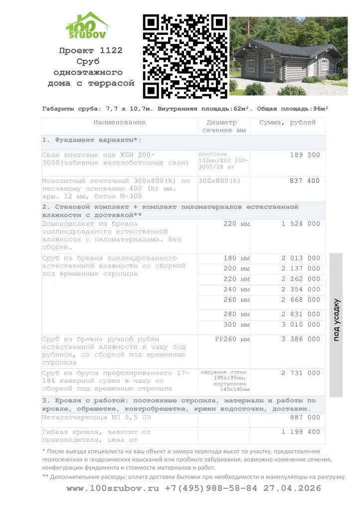 Смета строительства под усадку проекта #1122 Смета строительства под усадку проекта #1122