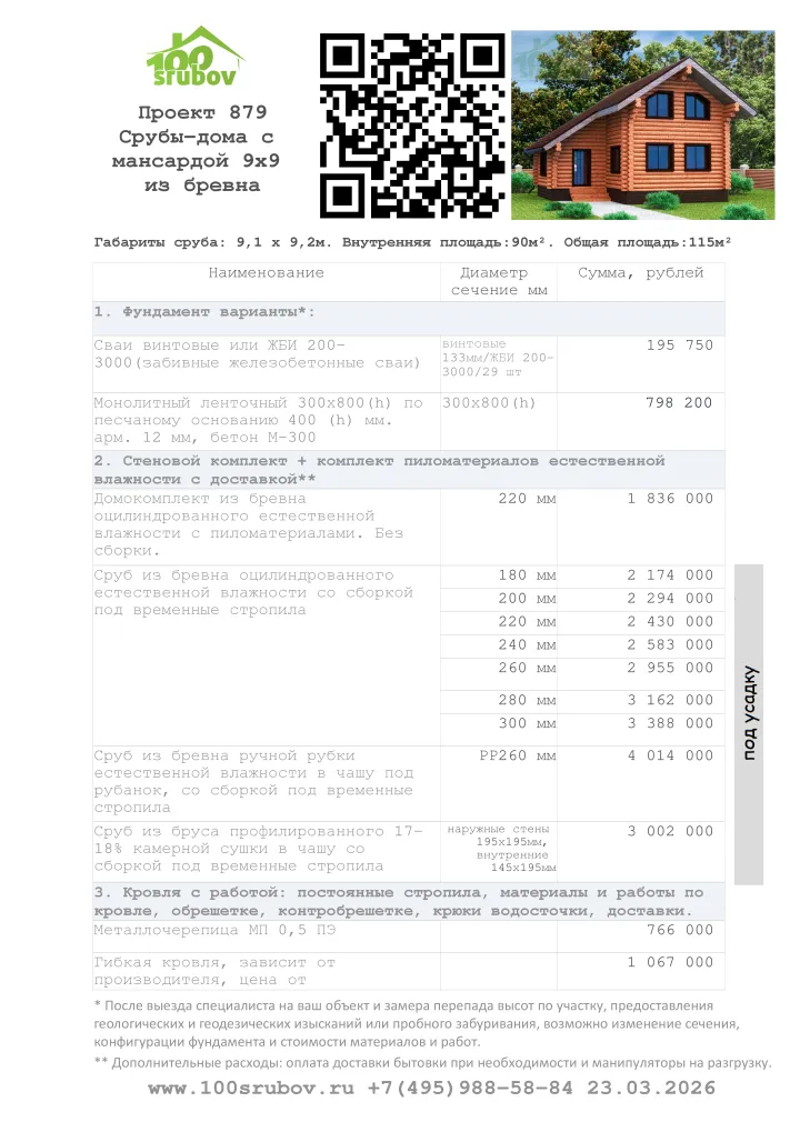 Смета строительства под усадку проекта #879 Смета строительства под усадку проекта #879