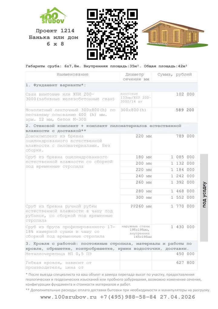 Смета строительства под усадку проекта #1214 Смета строительства под усадку проекта #1214