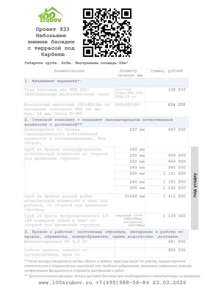 Смета строительства под усадку проекта #933 Смета строительства под усадку проекта #933
