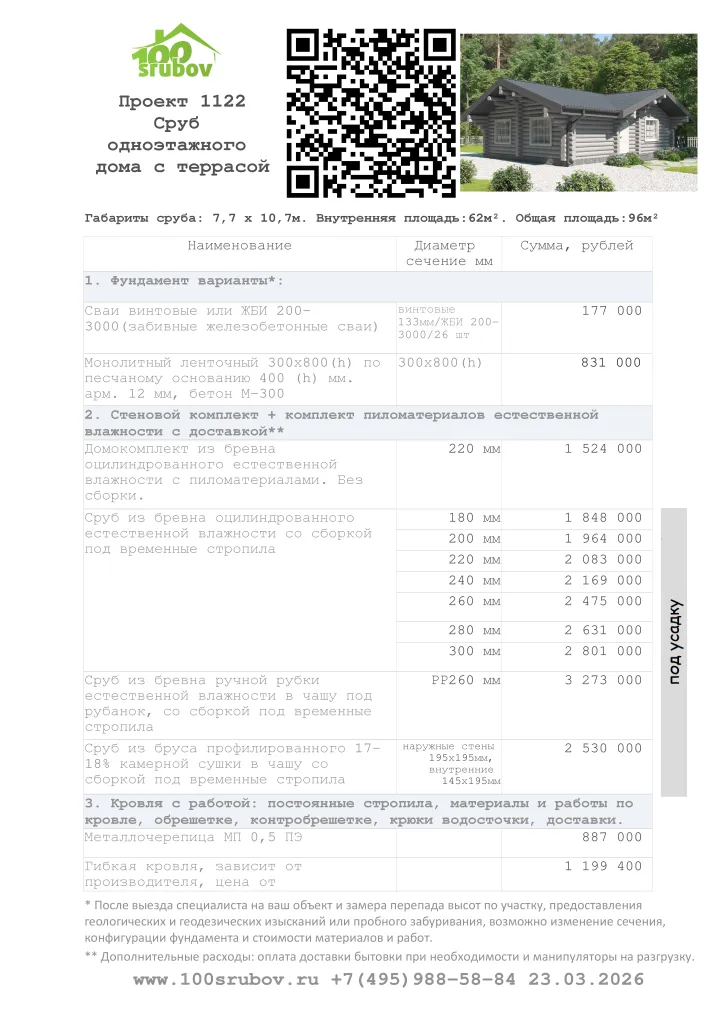 Смета строительства под усадку проекта #1122 Смета строительства под усадку проекта #1122
