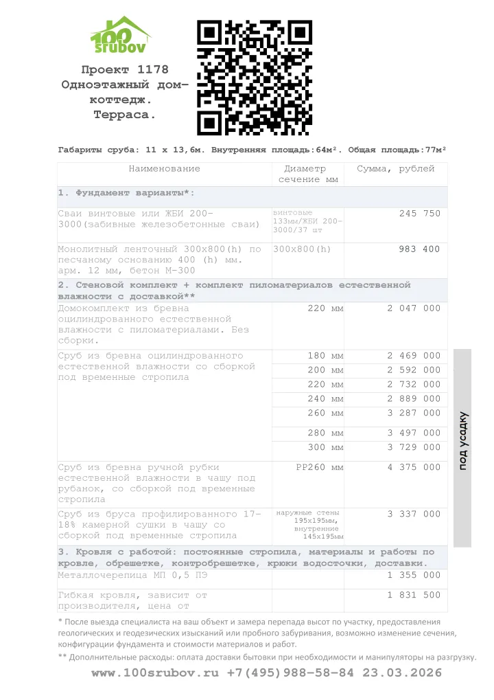 Смета строительства под усадку проекта #1178 Смета строительства под усадку проекта #1178
