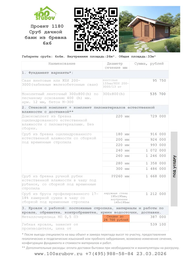 Смета строительства под усадку проекта #1180 Смета строительства под усадку проекта #1180
