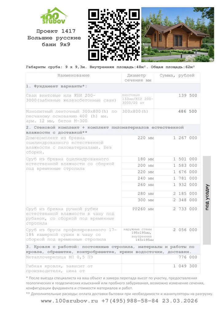 Смета строительства под усадку проекта #1417 Смета строительства под усадку проекта #1417