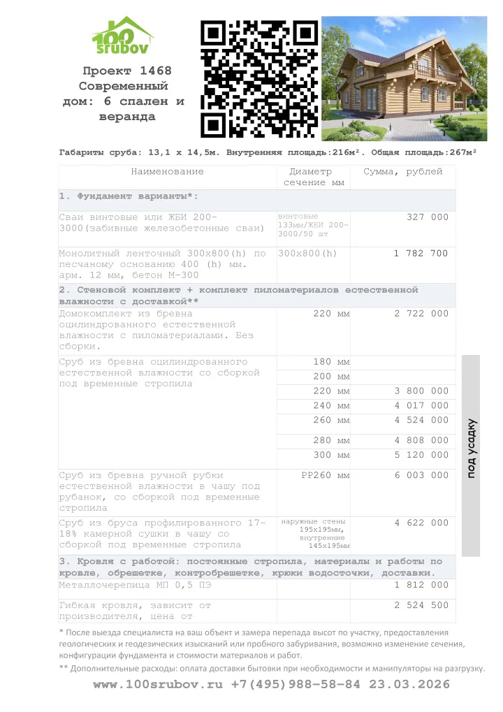 Смета строительства под усадку проекта #1468 Смета строительства под усадку проекта #1468