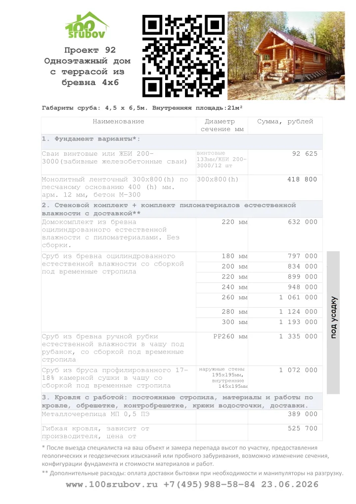 Смета строительства под усадку проекта #92 Смета строительства под усадку проекта #92