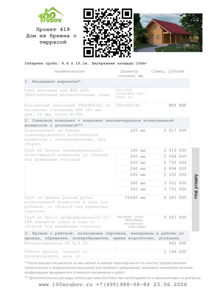 Смета строительства под усадку проекта #419 Смета строительства под усадку проекта #419