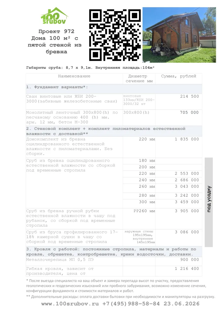 Смета строительства под усадку проекта #972 Смета строительства под усадку проекта #972