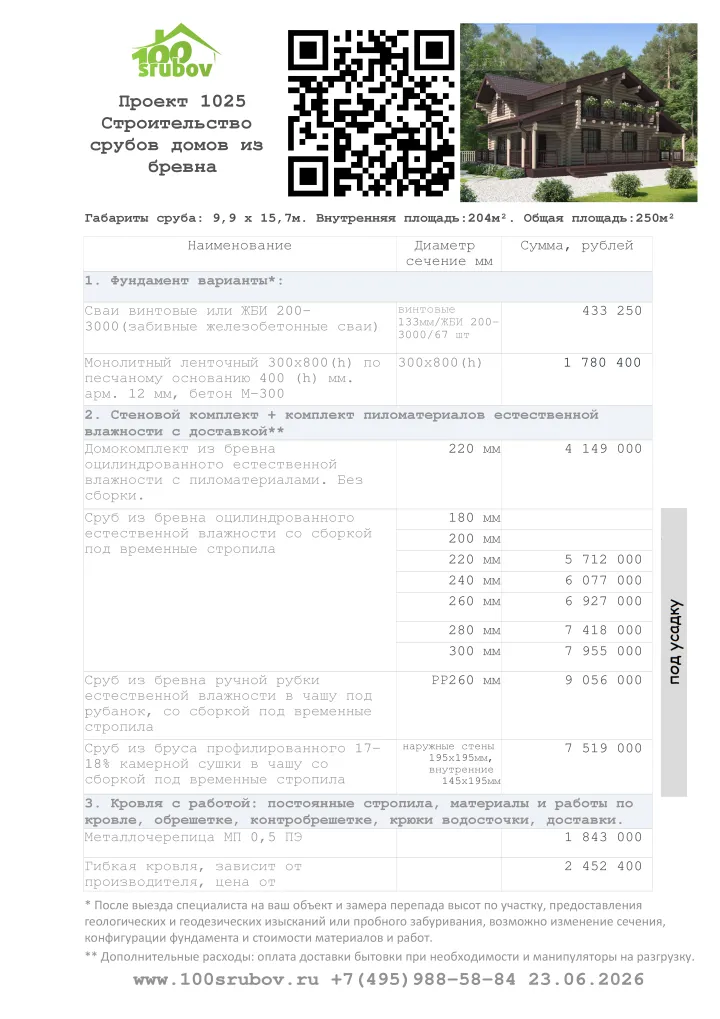 Смета строительства под усадку проекта #1025 Смета строительства под усадку проекта #1025