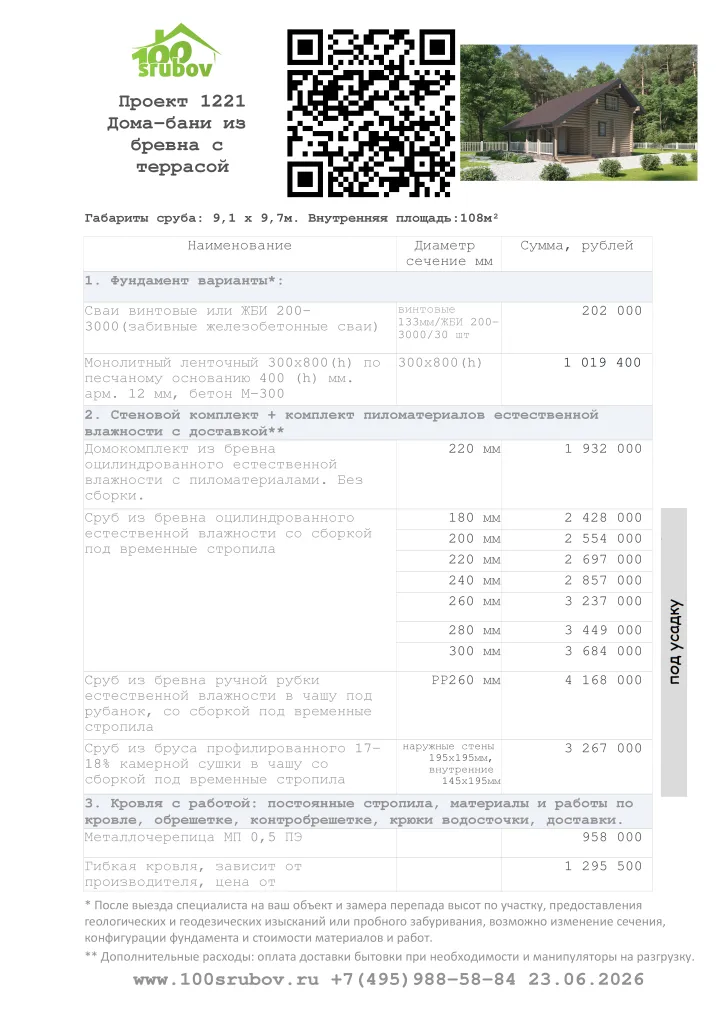 Смета строительства под усадку проекта #1221 Смета строительства под усадку проекта #1221