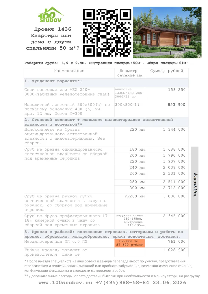 Смета строительства под усадку проекта #1436 Смета строительства под усадку проекта #1436