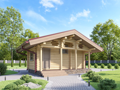 Домик-мастерская-кухня-беседка из бревна с дровником и террасой под одной крышей