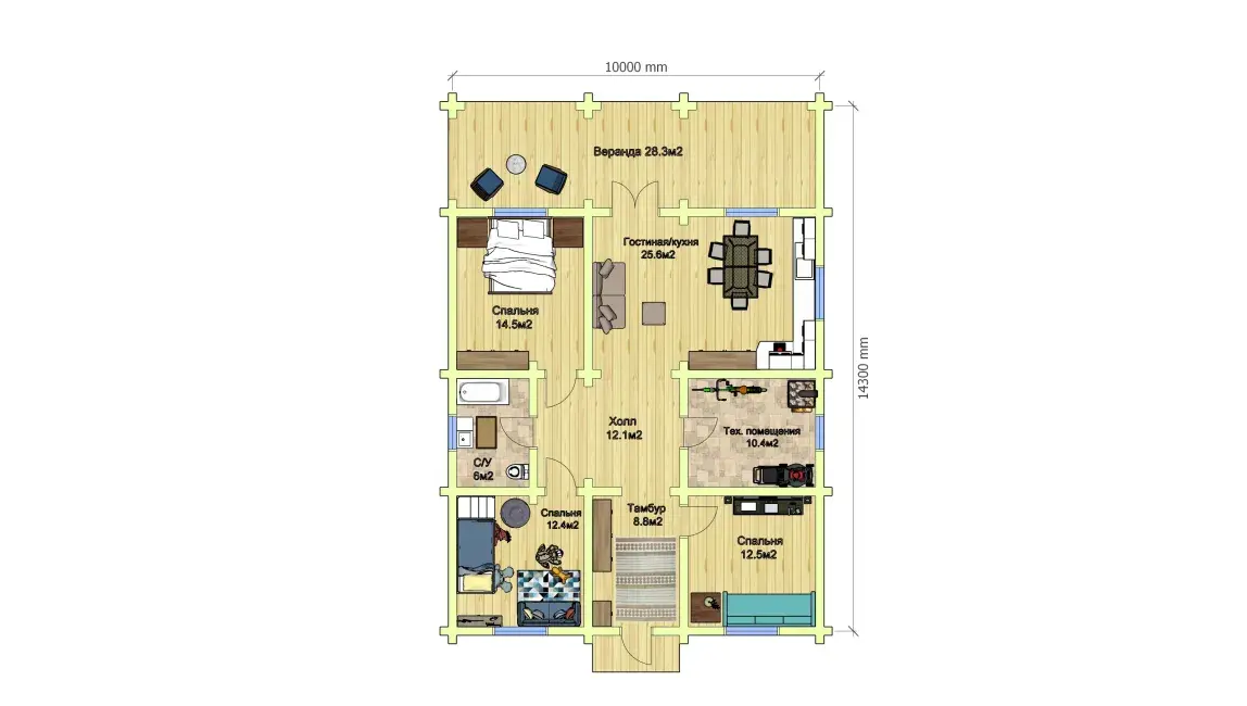 план первого этажа Лучший одноэтажный коттедж-сруб | 3 спальни план первого этажа