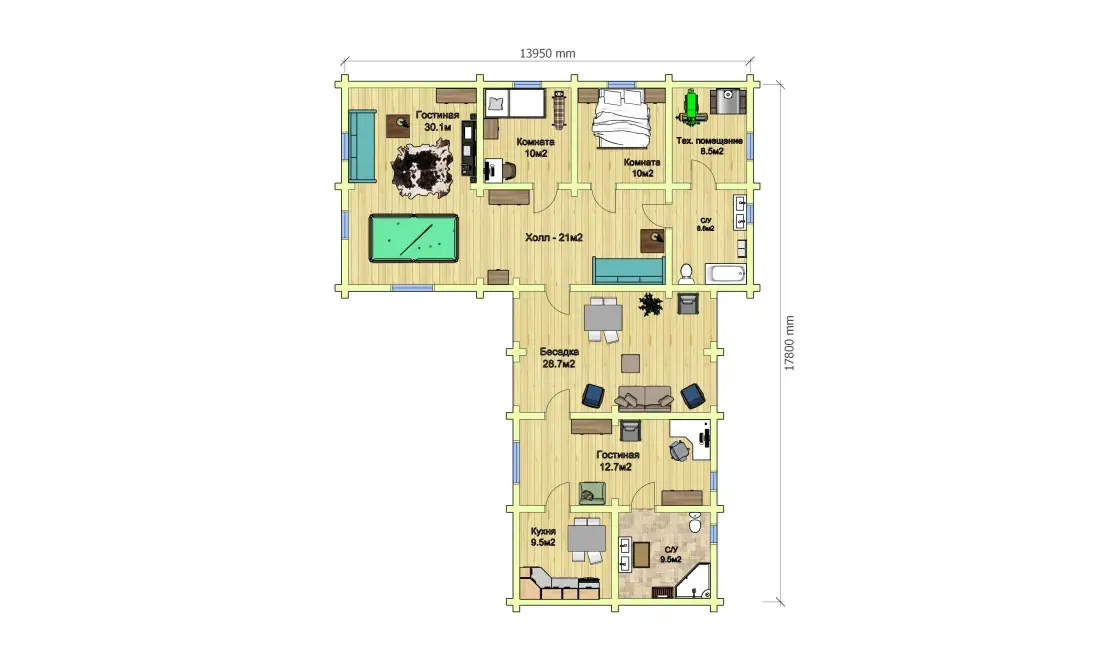 план первого этажа Одноэтажный дом-дуплекс из бревна план первого этажа