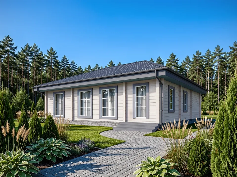 Одноэтажный дом из бруса с вальмовой крышей: 3 спальни