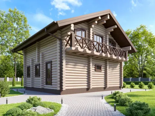 Дом-баня из бревна сруба 8 х9 с мансардой и балконом