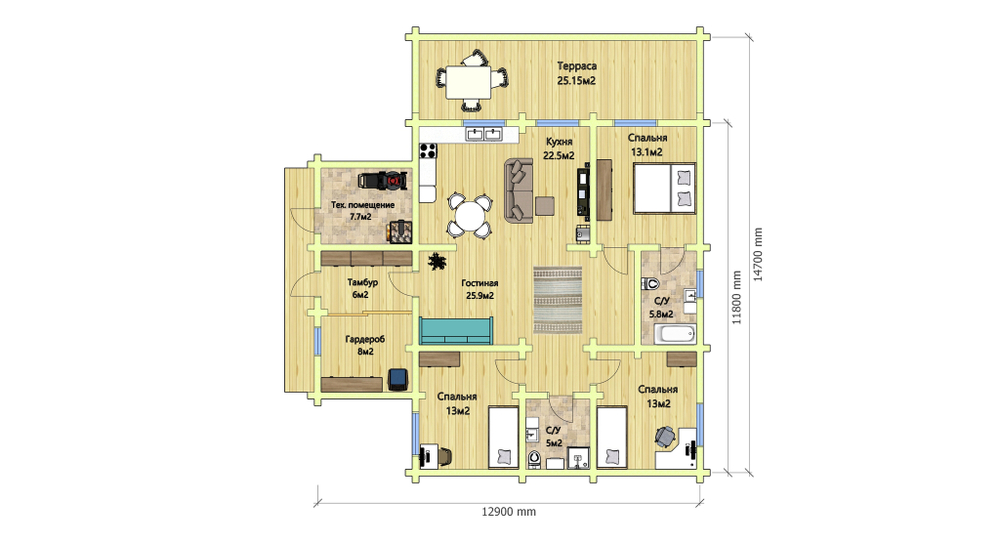 Одноэтажный дом из бруса оцилиндрованного | 3 спальни