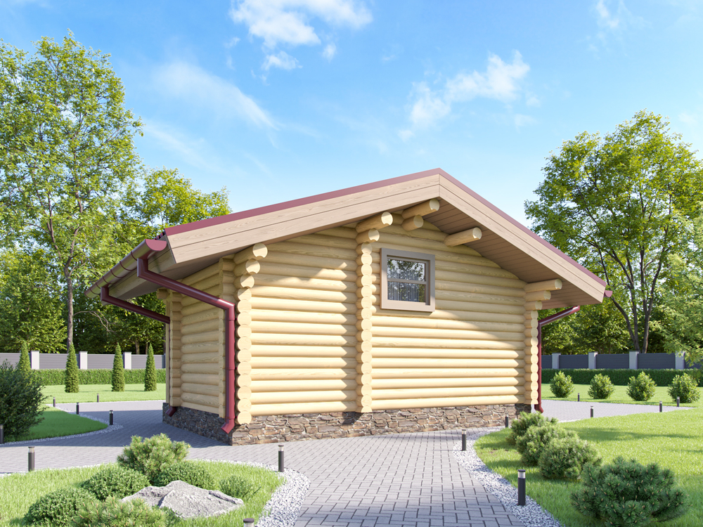 Домик-мастерская-кухня-беседка из бревна с дровником и террасой под одной крышей