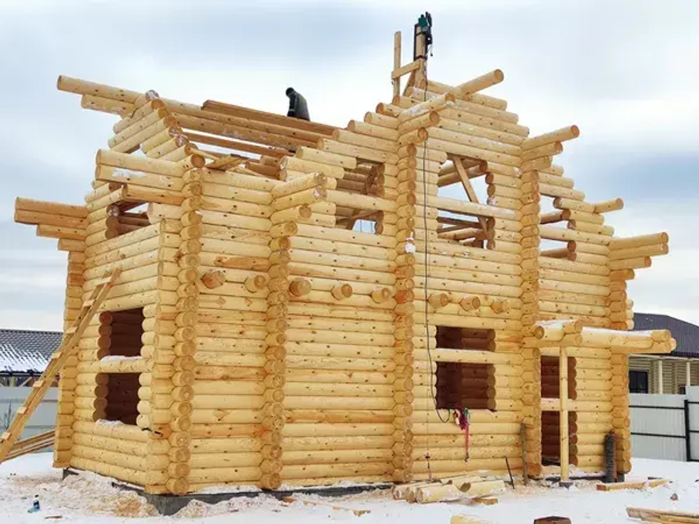 #1291  сборка дома из бревна сруба в феврале 2023