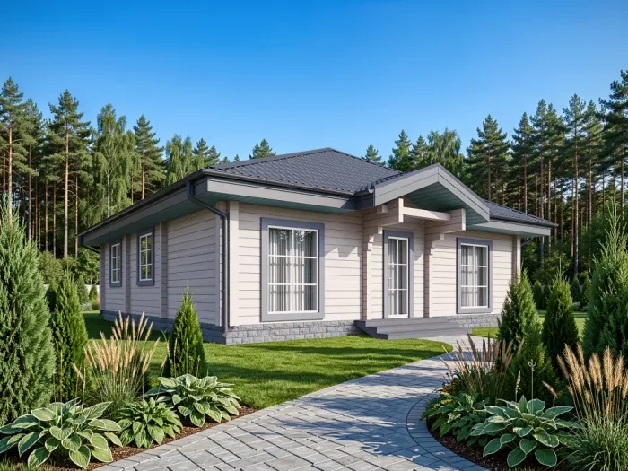 Одноэтажный дом из бруса с вальмовой крышей: 3 спальни