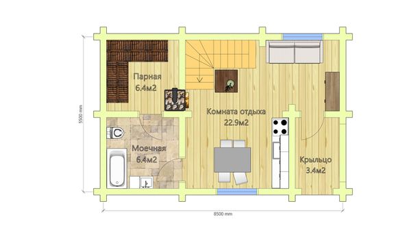 Планировка первого этажа (размеры 5.4х8.3 в осях) #527
