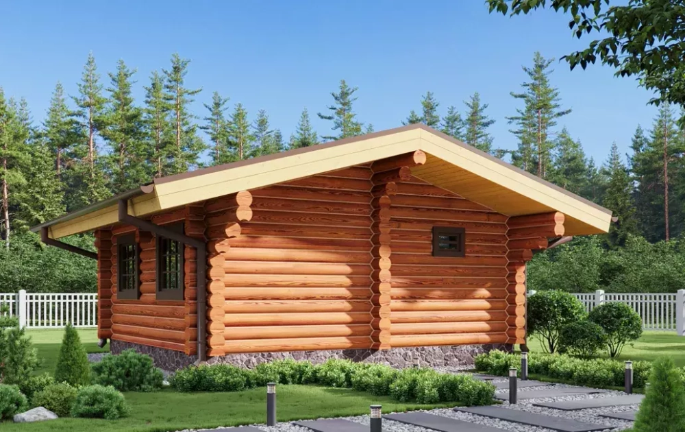 Одноэтажная баня из бревна с комнатой отдыха