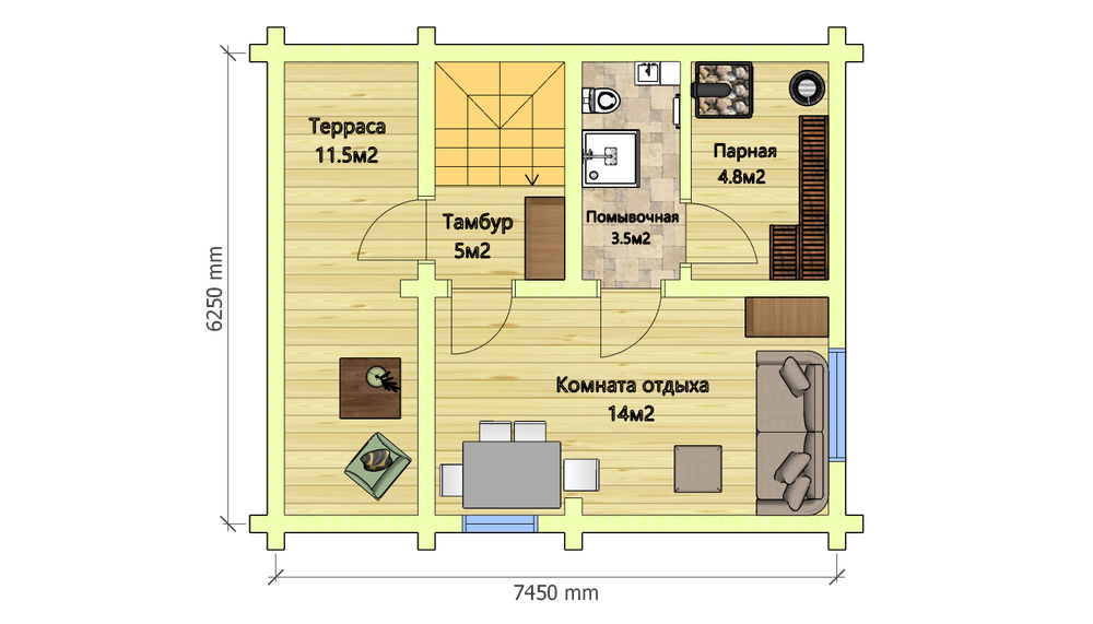 Планировка первого этажа бани-дома из бревна по проекту #971