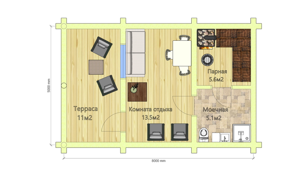 Планировка сруба с террасой #889