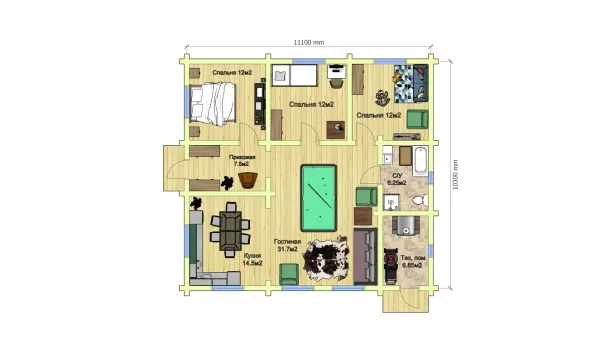 Одноэтажный дом из бруса с вальмовой крышей: 3 спальни