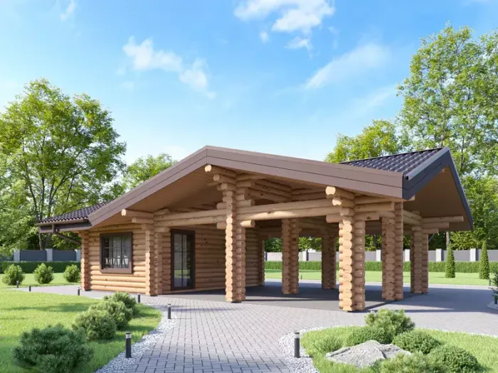 Одноэтажные гаражи из бревна с хозблоком