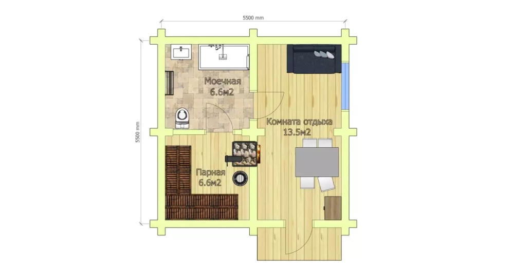 Планировка бани 6 х 6 из бревна