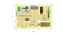 Домик-мастерская-кухня-беседка из бревна с дровником и террасой под одной крышей