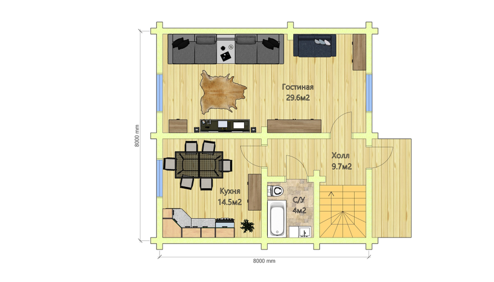 План 1 этажа дома брус, бревно 8 на 8